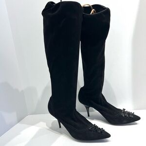 Louis Vuitton Black Suede Knee High Boots Patent Bow Pointy Toe EU 38.5 US 8.5